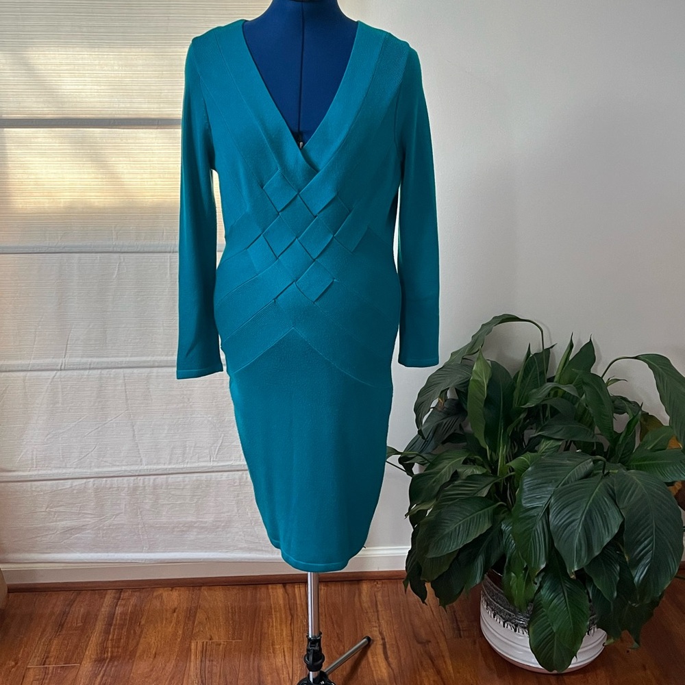 Calvin Klein Teal Long Sleeve Body Con Knit Dress